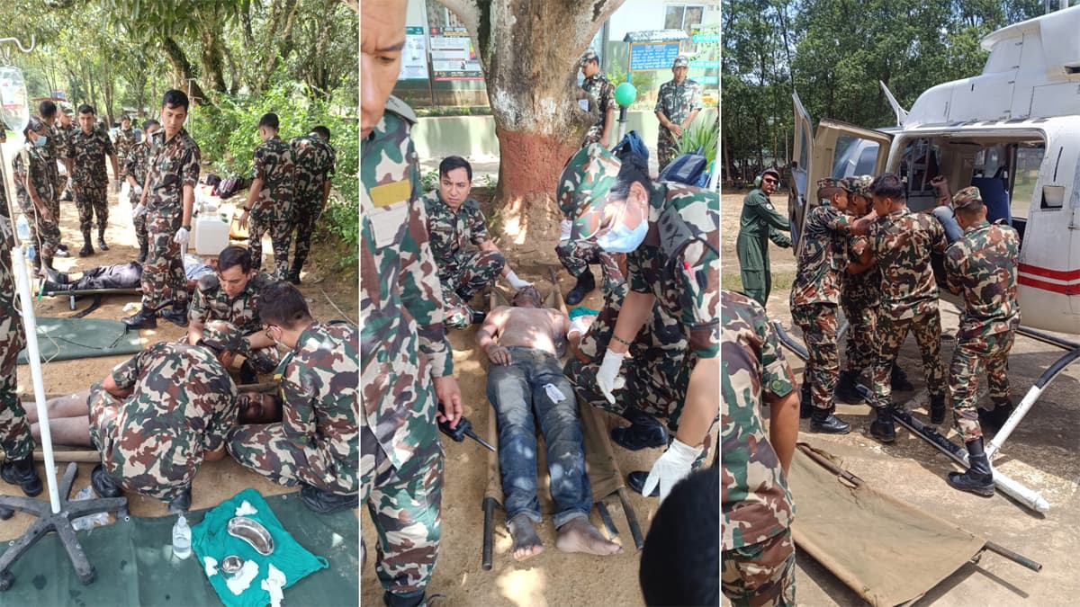 भोटेकोसी बाढीपीडितको उद्धारमा सेनासहितको टोली, १२ जनालाई हेलिकप्टर सुरक्षित स्थानमा लग्यो